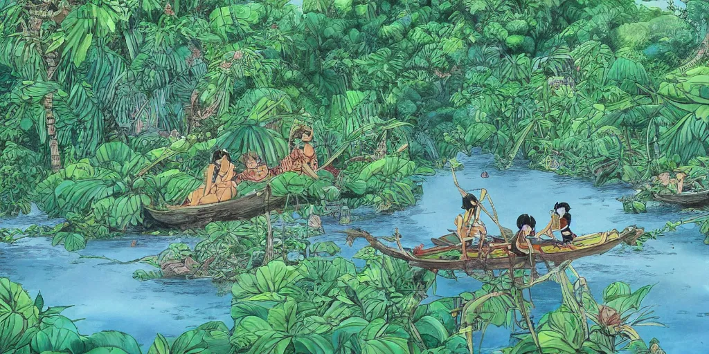 Prompt: sri lankan river jungle, drawn by hayao miyazaki