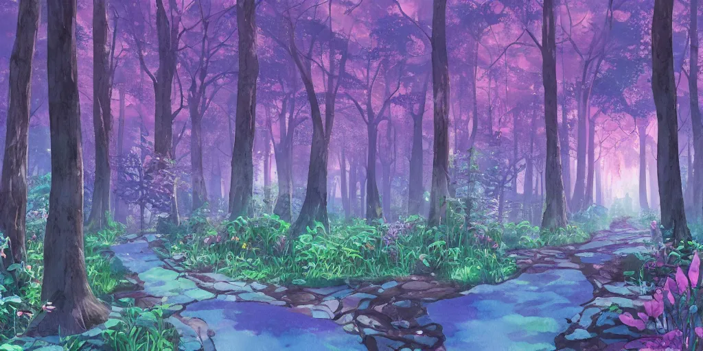 Prompt: path through a wide forest, modern contemporary, lanterns. watercolor art, expansive cinematic view, volumetric shading, intricate and detailed, highly saturated colors. breath of the wild style, by hayao miyazaki ghibli!!!. pastel!! pink!! accents. trending on artstation. award winning