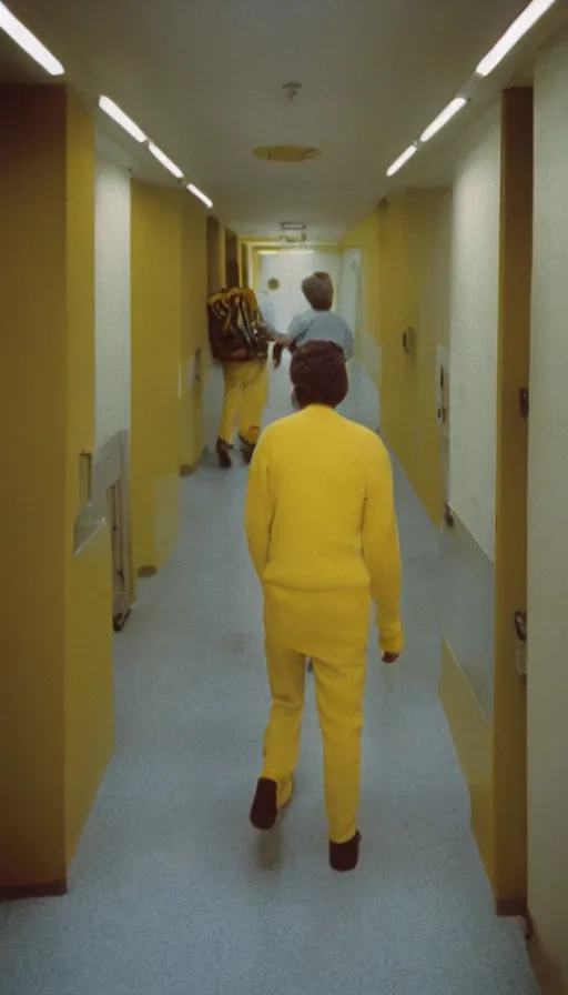 Image similar to 7 0 s movie still of a man made of wool walking in a hospital with yellow wall, cinestill 8 0 0 t 3 5 mm eastmancolor, heavy grain, high quality, high detail