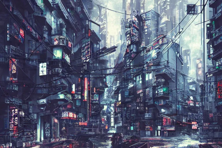 Prompt: tokyo cyberpunk dystopian street concept art