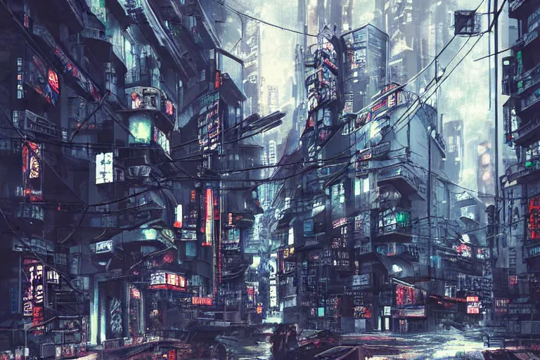 Cyberpunk streets illustration, futuristic city, dystoptic artwork