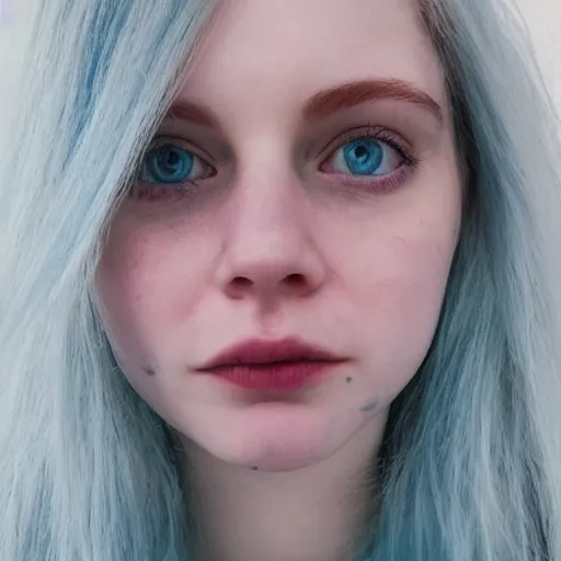 Image similar to a pale girl with wide blue eyes and blue hair, soft facial features, looking directly at the camera, neutral expression, instagram picture