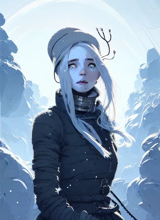 Image similar to highly detailed portrait of a hopeful frostpunk long blonde hair lady with robotic limbs, stray wiring by atey ghailan, james gilleard, by joe fenton, by greg rutkowski, by greg tocchini, by kaethe butcher, 4 k resolution, gradient blue, black and white color scheme!!! ( ( glacier cave background ) )