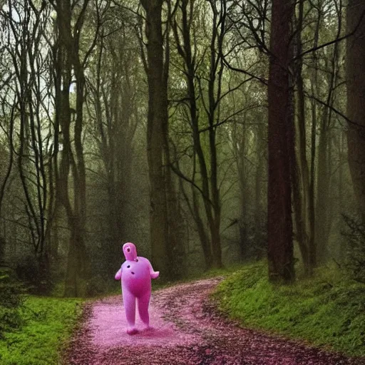 Image similar to photo of Mr Blobby chasing you through the woods