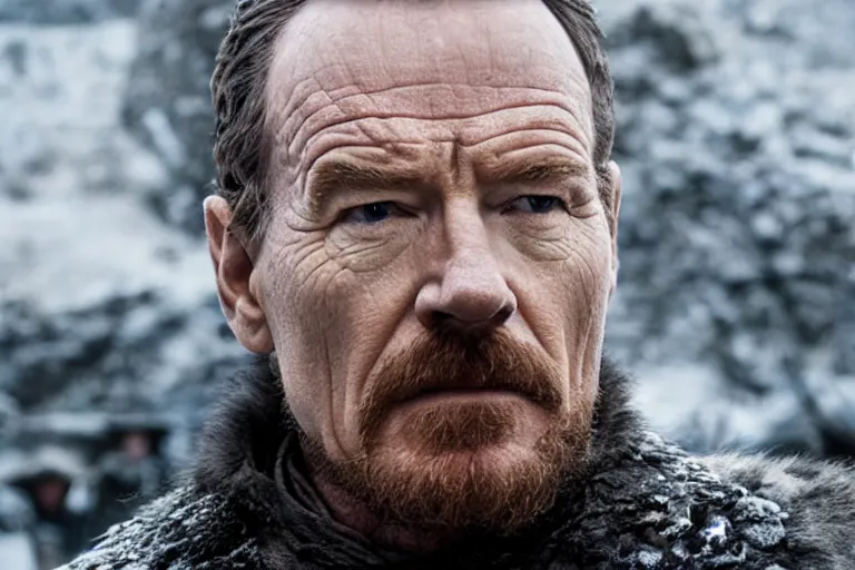 Image similar to promotional image of Bryan Cranston as a Stark soldier in Game of Thrones Season 3 (2013), detailed face, movie still, promotional image, imax 70 mm footage