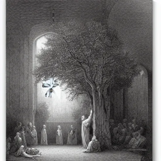 Prompt: roof piercing tree in a chapel, chanting monks, romanticism, by gustave dore, highly detailed