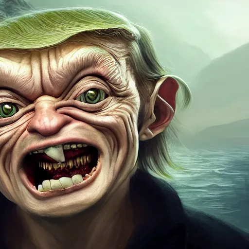Prompt: donald trump as gollum with hair, smiling, portrait, intricate, detailed, volumetric lighting, scenery, digital painting, highly detailed, artstation, sharp focus, illustration, concept art, ruan jia, steve mccurry