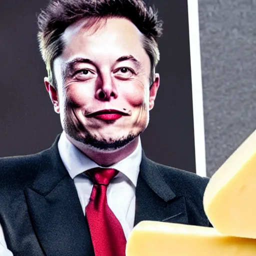 Image similar to photo of miniature Elon Musk sitting on a piece of Swiss cheese