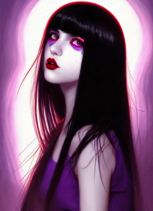 Image similar to portrait of teenage girl, red irises, red eyes, black hair, white bangs, purple lipstick, white bangs, bangs, black hair and white bangs, intricate, elegant, glowing lights, highly detailed, digital painting, artstation, concept art, smooth, sharp focus, illustration, art by wlop, mars ravelo and greg rutkowski