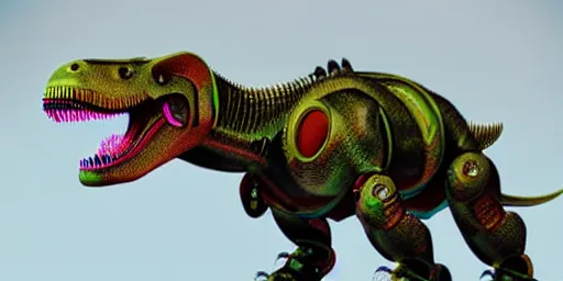 Image similar to a character art rendering of a robot T-rex made of mechanical parts, cartoonish psychedelic paleoart rendering, realistic dinosaur cyborg in the style of simon stålenhag, made with zbrush