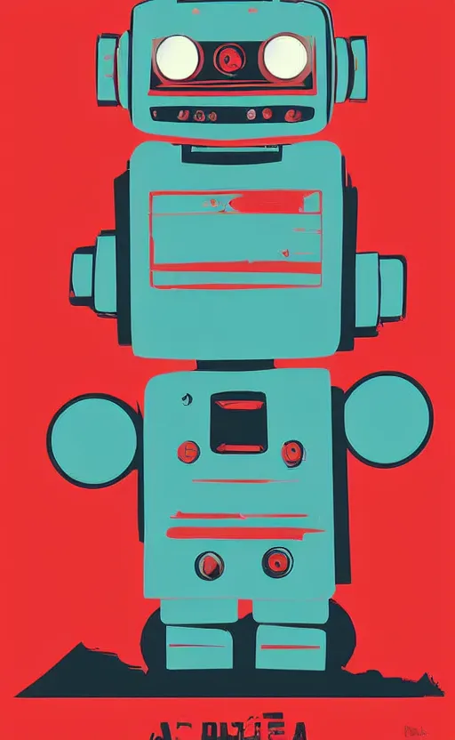 Prompt: a poster of a robot standing in front of a red background, poster art by tim doyle, behance contest winner, shock art, poster art, apocalypse art, sci - fi