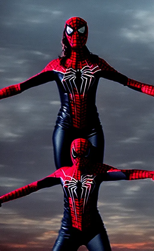 Image similar to film still of Spiderwoman standing heroic ,post apocalyptic, symmetrical