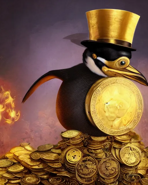 Prompt: oil painting of steampunk penguin wearing top hat sitting on golden throne, pile of gold coins, sharp focus, fantasy style, pile of gold coins on the ground, golden steampunk treasury background, octane render, volumetric lighting, 8k high definition, by greg rutkowski, highly detailed, trending on art Station, magic the gathering artwork, centered