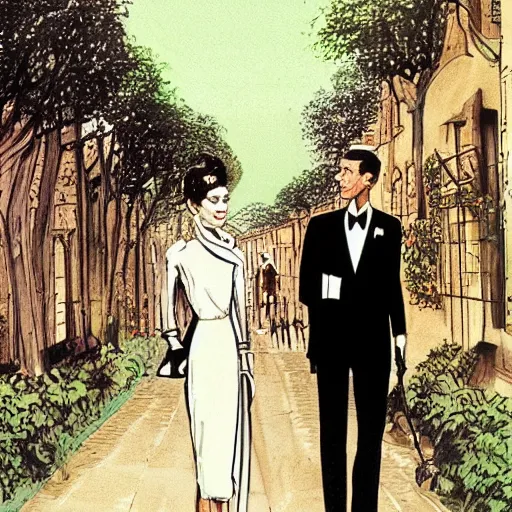 Image similar to illustration of Hubert de givenchy and Audrey Hepburn talking a walk highly detailed, cinematic