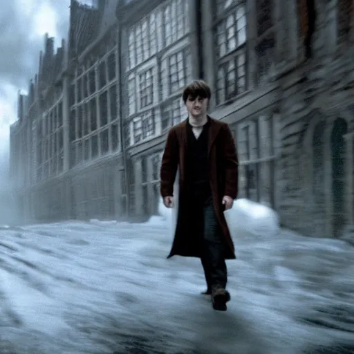 Image similar to Daniel radcliffe as harry potter, epic wide shot, cinematic shading, directed by Christopher Nolan,