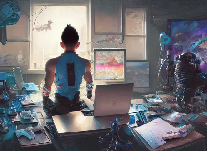 Image similar to an insanely detailed painting of an asian man wearing a homemade superhero costume, sitting at a desk, staring seriously at the computer and typing, in the style of peter mohrbacher, james jean, artgerm, dramatic lighting and composition, surreal background, octane render, pixar, trending on artstation, concept art, comic book, view from behind, 8 k