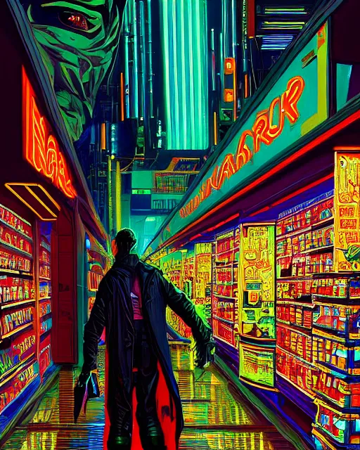 Image similar to cyberpunk man shopping at a neon soaked grocery store, science fiction painting, elegant intricate digital painting artstation, art by salvador dali, detailed