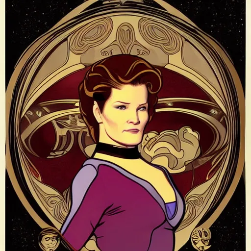 Image similar to star trek Captain Kathryn Janeway art nouveau, amazing details, intricate details ,insane details , in the style of Alphonse Mucha,