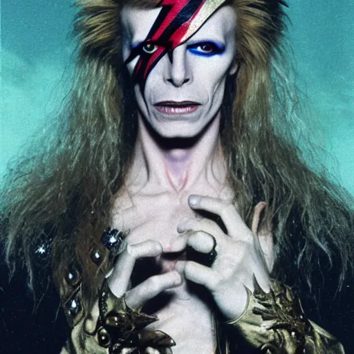 Image similar to David Bowie as the Goblin King from the movie Labyrinth (1986) but he's dressed like a Ninja with a Ninja mask and very big 80's glamrock hair, intricate, highly detailed, fullbody, artstation, concept art, smooth, sharp focus, illustration, art by greg rutkowski and orientalism and bouguereau and Zdzislaw Beksinski, good clear quality, lighting, biology, symmetrical artwork, perfect face, 135 mm, cinematic, hyper realism, high detail, octane render, 8k, chrome accents