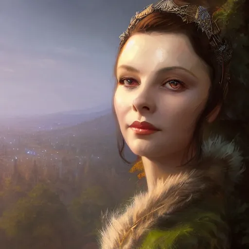 Prompt: closeup portrait of a young vivian leigh, forest background, elf ears, megacity, high fantasy, gorgeous view, depth, high detail, digital art, painted by greg rutkowski, trending on artstation