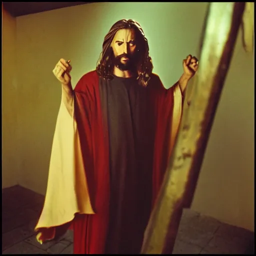 Image similar to A photo of Jesus as slasher villain, f/22, 35mm, 2700K, kodachrome, award winning photography