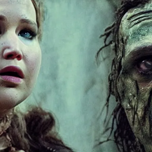 Image similar to jennifer lawrence as frankenstein's monster, color photography, sharp detail, still from the movie