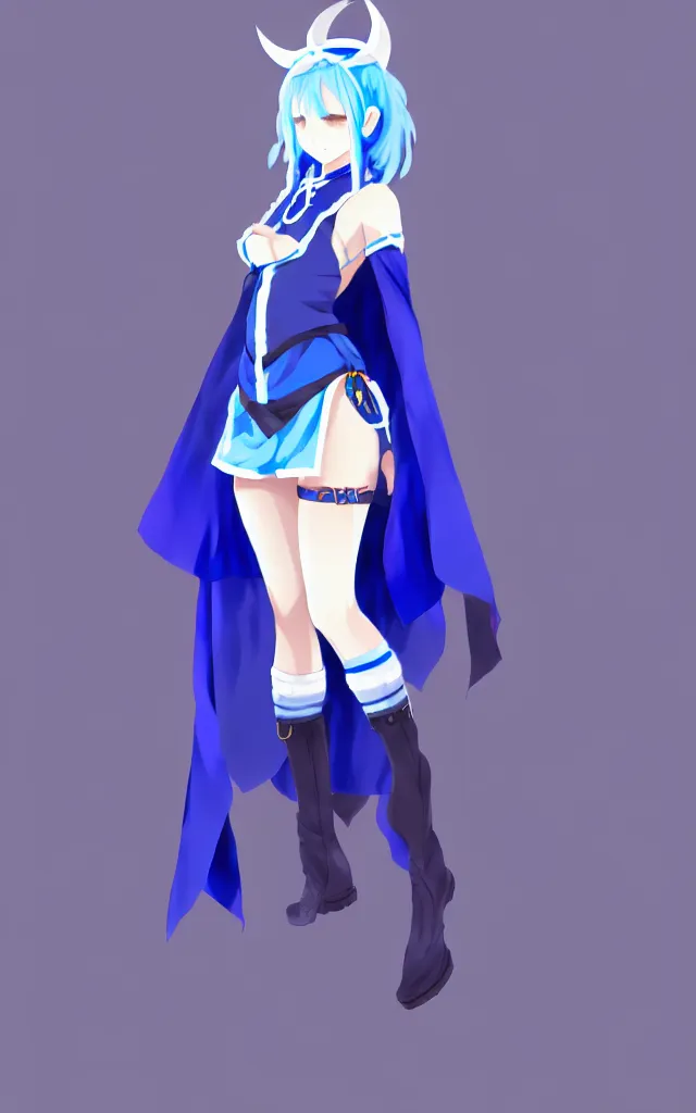 Image similar to a blue-haired traveller, alchemist girl, short hair, wearing a headband, short pale tunic and white stockings, high boots, azure cape, anime character; in the Japanese fantasy videogame; character concept art; trending on artstation, highly detailed, clean lineart