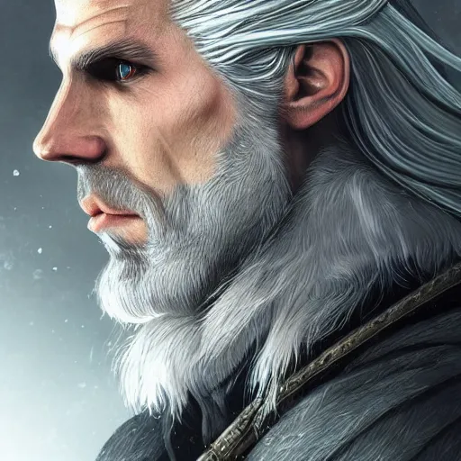 Prompt: Geralt of Rivia, golden eyes, silver hair, wolf pedant, 4k, artstation, cgsociety, award-winning, masterpiece, stunning, beautiful, glorious, powerful, fantasy art