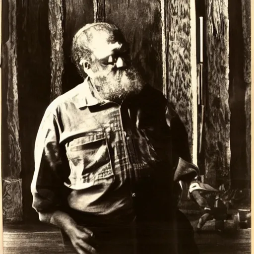 Prompt: la monte young listening to the wind in a log cabin, hyperrealistic portrait