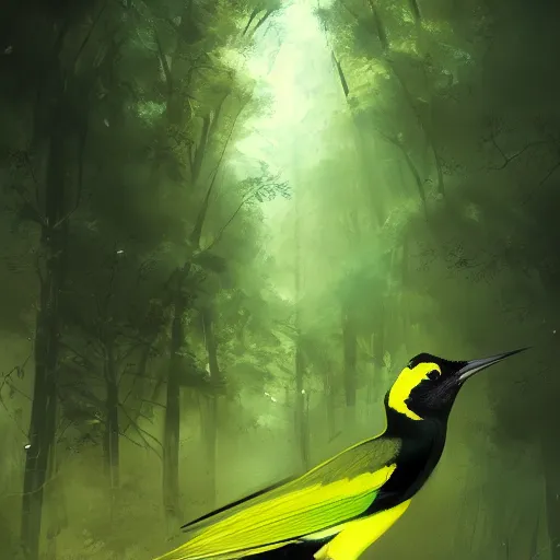 Image similar to green yellow white and black wren, reyezuelo listado, in avila pinewood, 4 k, concept art, by wlop, ilya kuvshinov, artgerm, krenz cushart, greg rutkowski, pixiv. cinematic dramatic atmosphere, sharp focus, volumetric lighting, cinematic lighting, studio quality