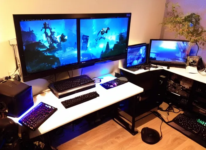 Prompt: what do you think of my battlestation, pc gaming, led lights, desk, plants, interior design