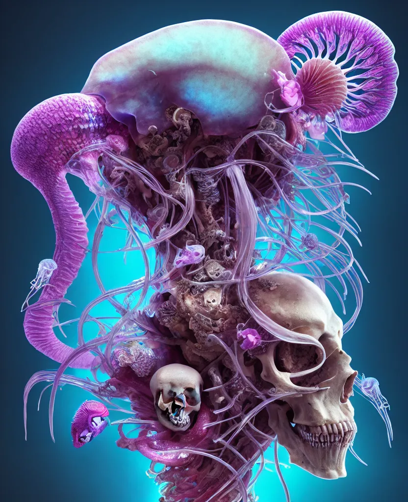 Image similar to goddess close-up portrait ram skull, thorax, x-ray, backbone, jellyfish phoenix head, nautilus, orchid, skull, betta fish, bioluminiscent creatures, intricate artwork by Tooth Wu and wlop and beeple. octane render, trending on artstation, greg rutkowski very coherent symmetrical artwork. cinematic, hyper realism, high detail, octane render, 8k