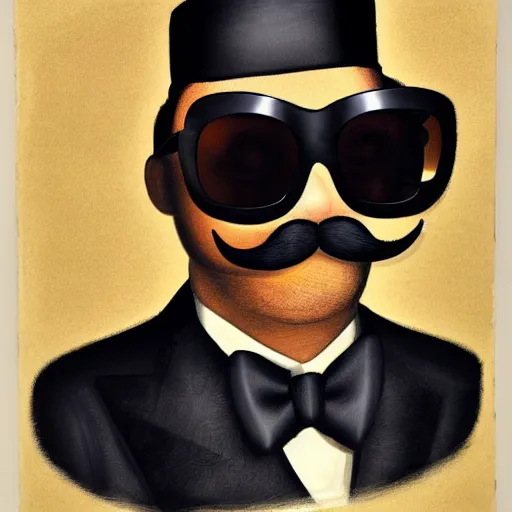 Prompt: turtle with a mustache wearing sunglasses, wearing black tuxedo, portrait, detailed