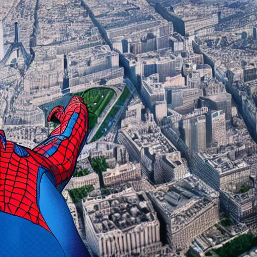 Image similar to two - point perspective landscape of spider man sitting on top of the eiffel tower