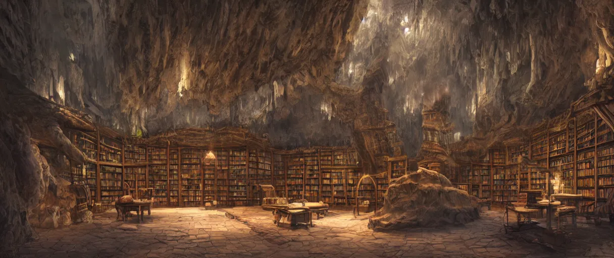 Prompt: vast library in a cave with huge windows flanked by stalagmites, Moebius, james gurney, thomas kinkade, rodney mathews, trending on artstation, ultra realistic
