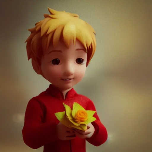 Image similar to cinematic scene of the little prince holding a red rose illustration, bokeh, octane render, award winning, trending on art station