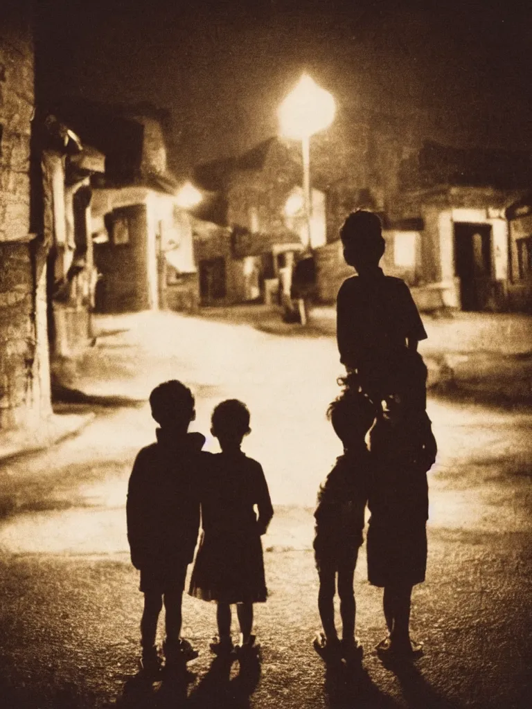 Image similar to two kids posing for a picture at night, dark, backlighting, small village, town square, old color polaroid