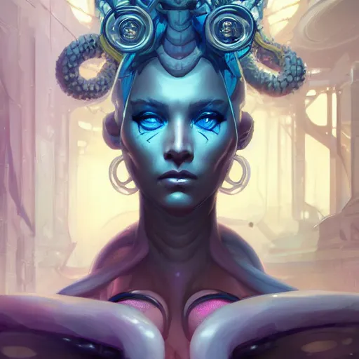 Prompt: a portrait of a beautiful cybernetic medusa, cyberpunk concept art by pete mohrbacher and wlop and artgerm and josan gonzales, digital art, highly detailed, intricate, sci-fi, sharp focus, Trending on Artstation HQ, deviantart, unreal engine 5, 4K UHD image