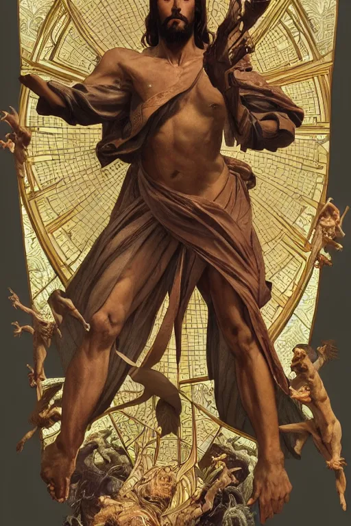Image similar to fullbody!! dynamic action pose, jesus christ with the head of a lizard, reptilian scales, holy cross, religious, intricate, elegant, highly detailed, digital painting, artstation, concept art, smooth, sharp focus, illustration, art by artgerm and greg rutkowski and alphonse mucha