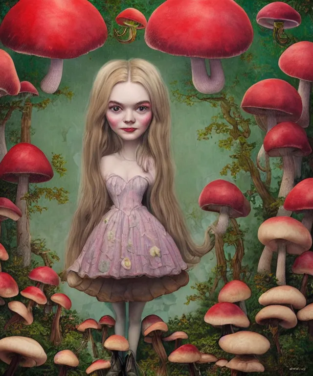 Prompt: portrait of Elle Fanning in wonderland, giant mushrooms, lowbrow painting by Mark Ryden