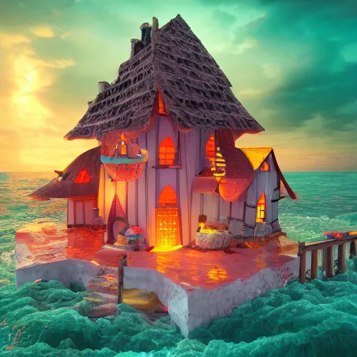 Image similar to a witches house made out of candy floating on the ocean, epic scene, fantasy, cinematic, redshift render, cgi, hyper - detailed, photo - bash, 8 k post - production, masterpiece