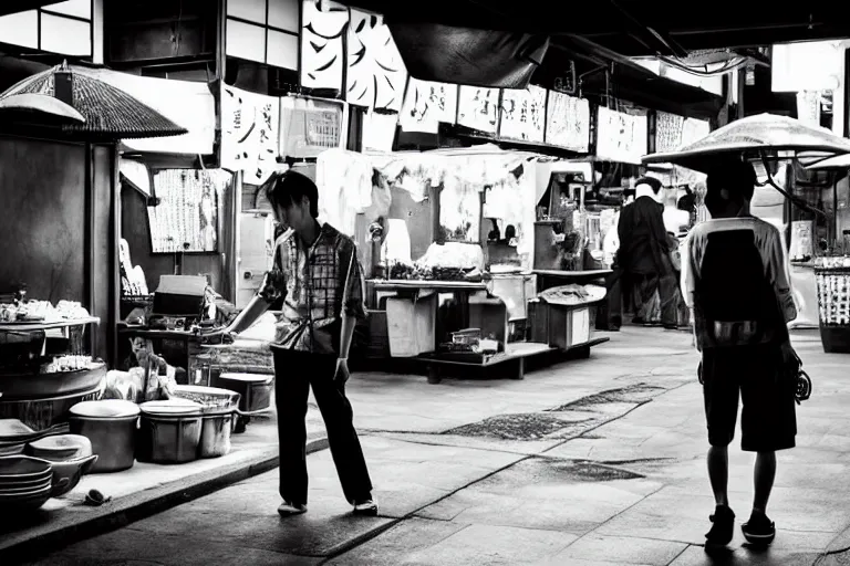 Image similar to still photo of a japanese street vendor, black and white color aesthetic, highly detailed, photorealistic portrait, bright studio setting, studio lighting, crisp quality and light reflections, unreal engine 5 quality render