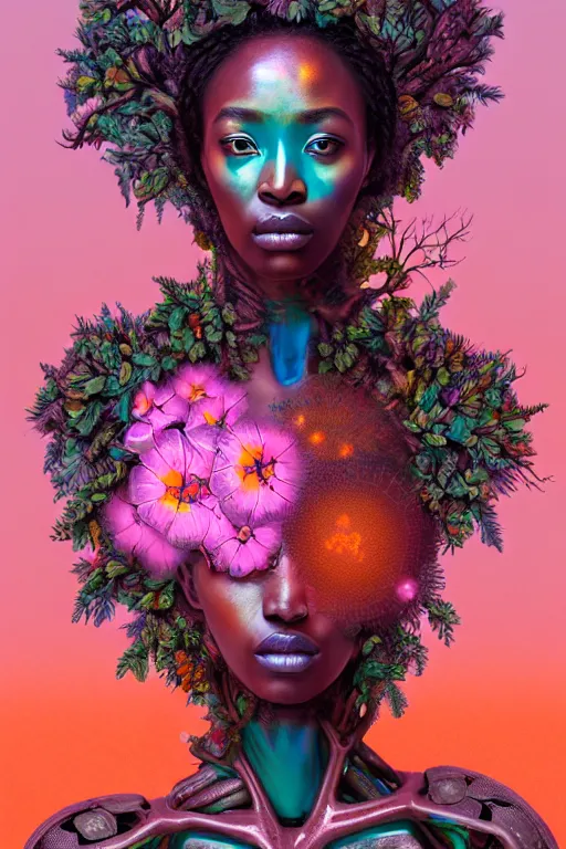 Prompt: hyperrealistic post - renaissance cinematic super expressive! yoruba goddess with exoskeleton armor, merging with tree in a forest, pink orange flowers, highly detailed digital art masterpiece, smooth cam de leon eric zener dramatic pearlescent soft teal light, low angle hd 8 k, sharp focus