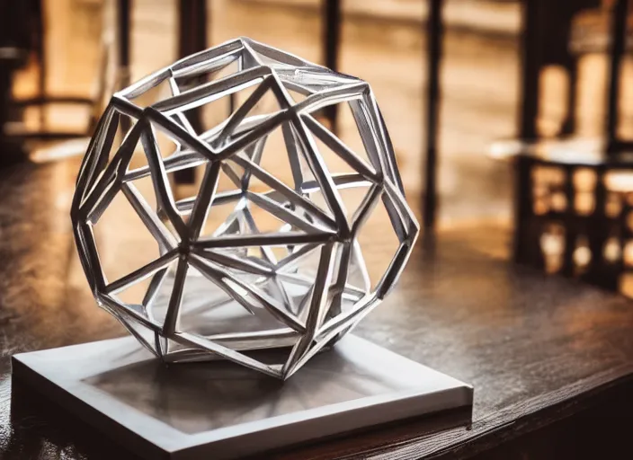 Image similar to a reflective symmetrical polyhedral 3 d printed steel engineering trophy at a high end bar in a medieval themed castle in golden afternoon light, professional food photography