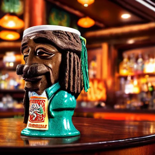 Image similar to a closeup photorealistic photograph of happy snoop dogg at trader vic's bar presenting a trader vic's tiki mug that features the face of snoop dogg. brightly lit scene. this 4 k hd image is trending on artstation, featured on behance, well - rendered, extra crisp, features intricate detail, epic composition and the style of unreal engine.