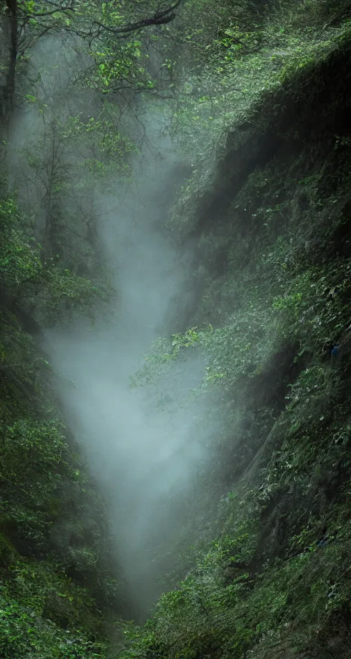 Image similar to A photograph of the ravine in which ancient voices dwell. magical. ancient. mist. ghostly. magic particles. cinematic. Voices. Echoes. 18mm lens