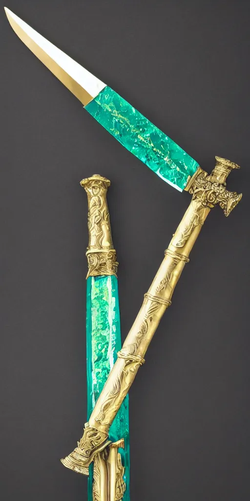 Image similar to photograph of a wide green and teal crystal sword blade attached to a big gold sword hilt