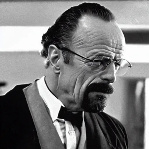 Prompt: Walter White starring as Vito Corleone in the Godfather (1972), Francis Ford Coppola, film, wearing a black suit, earnest gaze, intricate lightning, perfect scene