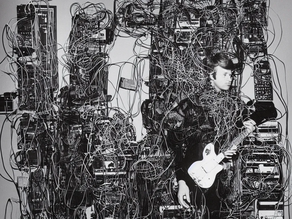 Prompt: 1980s photograph of a man made of electric guitars, wires and 80s modular synthesizers
