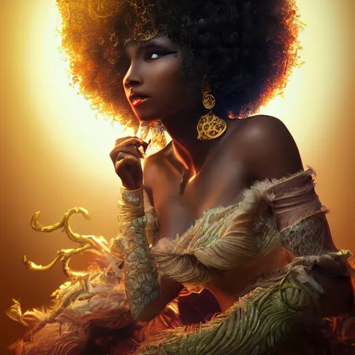 Image similar to the portrait, masked beautiful swahili female violinist, exotic costumes, gold jewelry, black curly afro hair, ultra realistic, illustration by wenjun lin, irakli nadar, bright colors, octopath traveler, wenjun lin, unreal engine 5 highly rendered, global illumination, radiant light, detailed and intricate environment